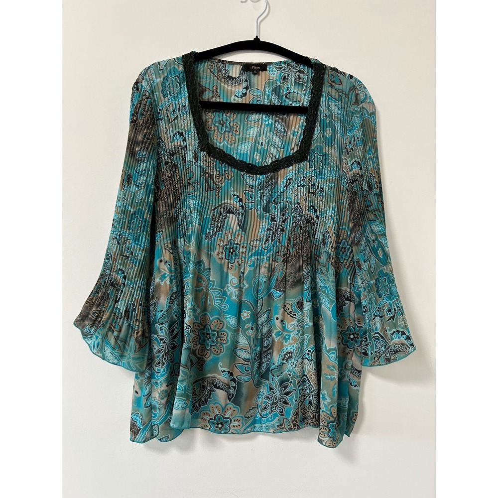 Plisse‎ Womens XL Turquoise Paisley Plisse Blouse Square Neck Bell Sleeve Top